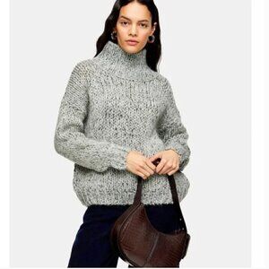 Topshop Green & Gray Knit Funnel Neck Drop Shoulder Oversized Sweater 8